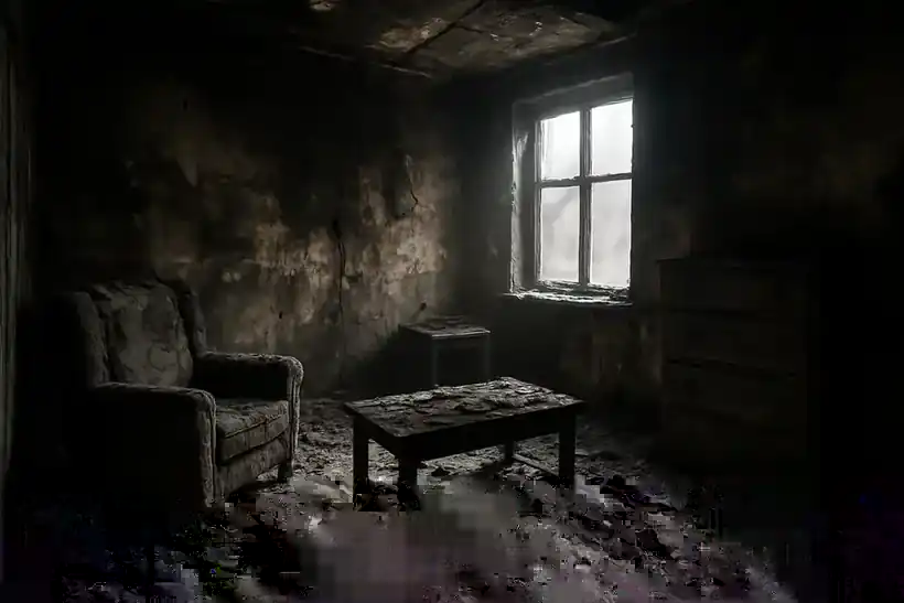 Fire and smoke damaged Houston room with soot-covered walls awaiting restoration