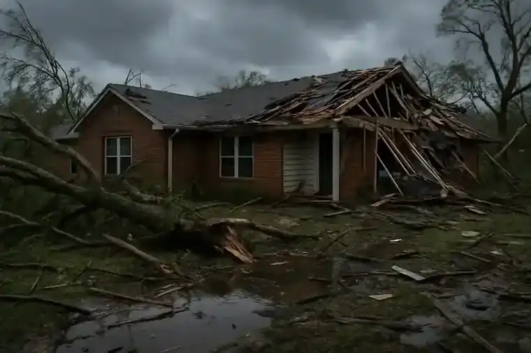 Storm-flooded Houston home exterior with debris and standing water after heavy rain