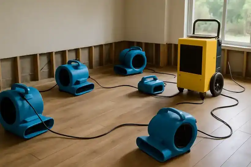 Air movers running in a flooded Houston living room during water damage restoration
