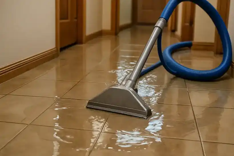 Truck-mounted extractor hose removing standing water from a Houston home